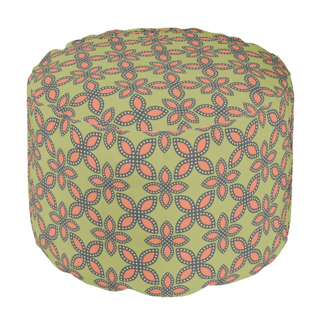 Retro Green and Orange Abstract Floral Pattern Pouf (Angled Front)