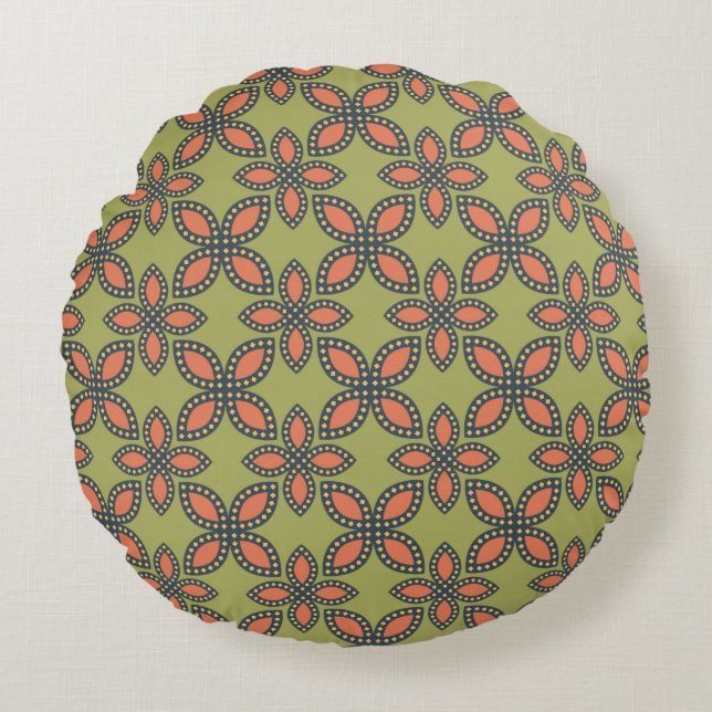 Retro Green and Orange Abstract Floral Pattern Round Pillow (Front)