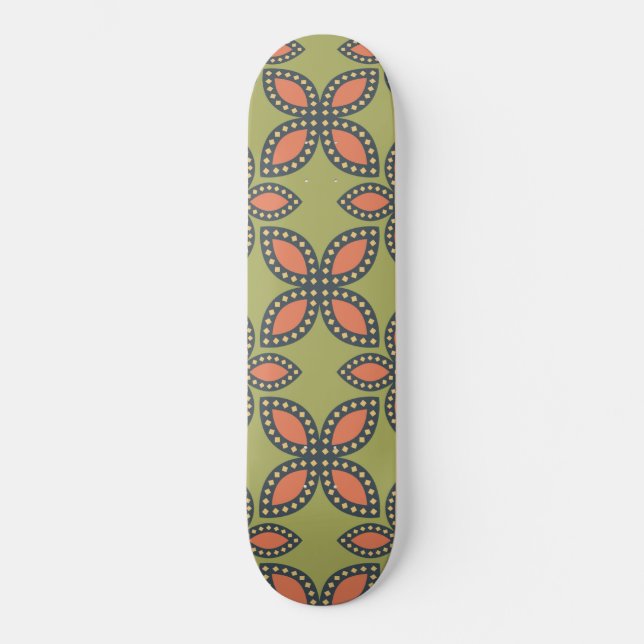 Retro Green and Orange Abstract Floral Pattern Skateboard (Front)
