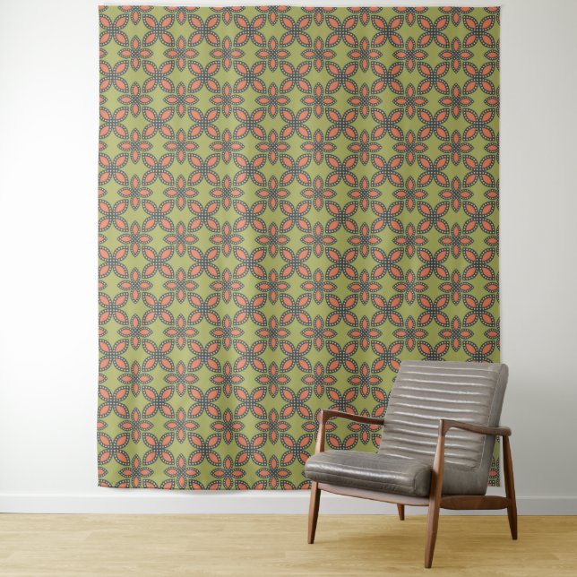 Retro Green and Orange Abstract Floral Pattern Tapestry (In Situ)