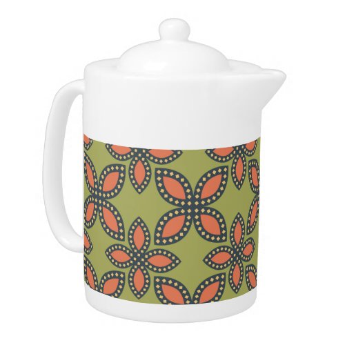 Retro Green and Orange Abstract Floral Pattern Teapot