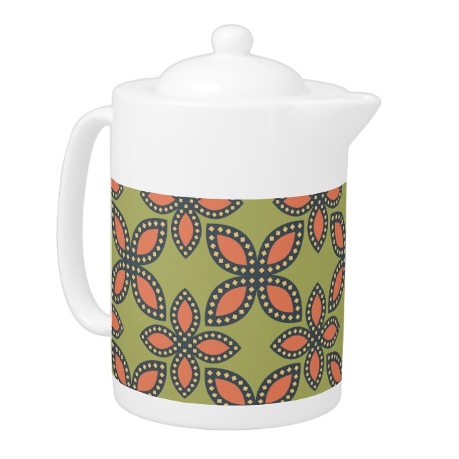 Retro Green and Orange Abstract Floral Pattern Teapot (Left)