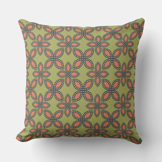 Retro Green and Orange Abstract Floral Pattern Throw Pillow (Front)