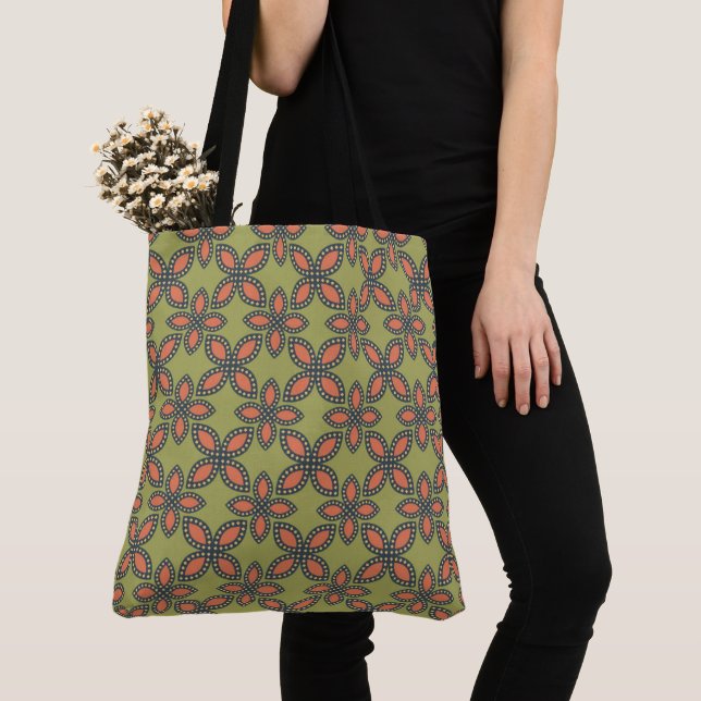 Retro Green and Orange Abstract Floral Pattern Tote Bag (Close Up)