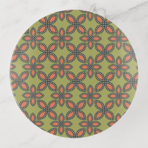 Retro Green and Orange Abstract Floral Pattern Trinket Tray