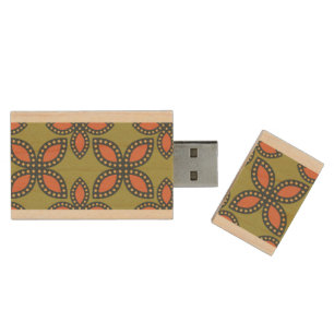 Retro Green and Orange Abstract Floral Pattern Wood Flash Drive