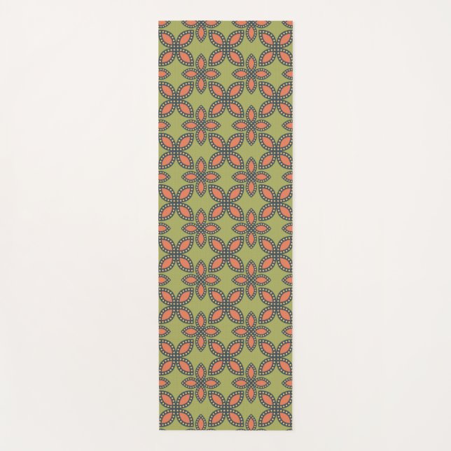 Retro Green and Orange Abstract Floral Pattern Yoga Mat (Front)