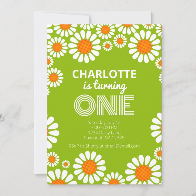 Retro Green and Orange Daisy First Birthday Invitation (Front)