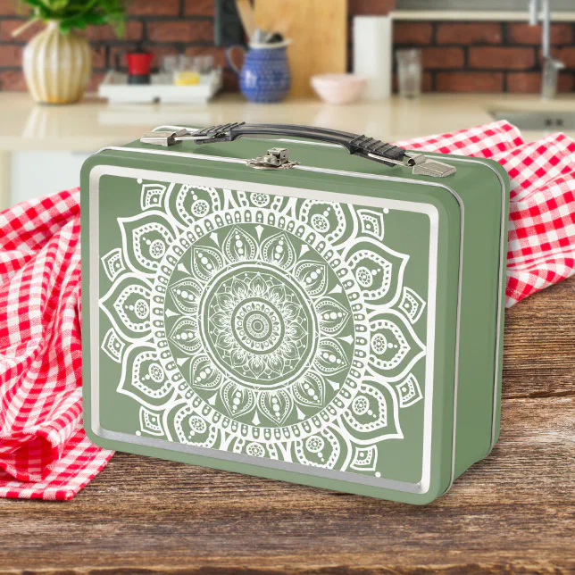 Retro Green And White Mandala Art Print Metal Lunch Box
