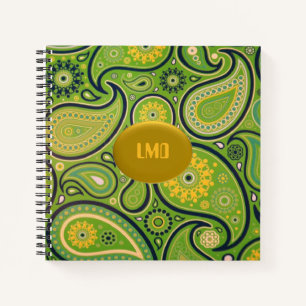Retro Green and Yellow Paisley Monogram Notebook