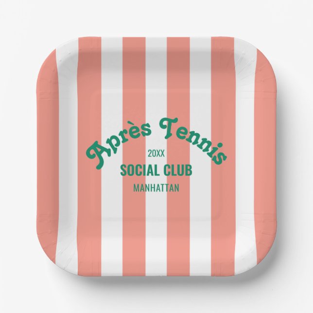 Retro Green Après Tennis Social Club Pink Stripe  Paper Plates (Front)