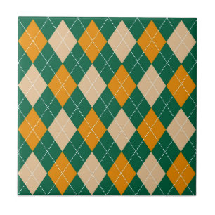 Retro Green Beige Mustard Argyle Pattern Ceramic Tile