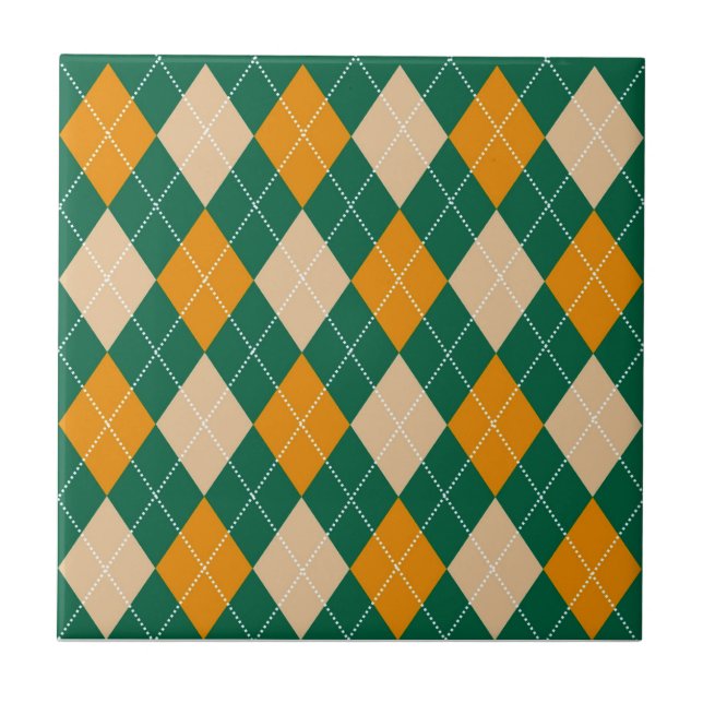 Retro Green Beige Mustard Argyle Pattern Ceramic Tile (Front)