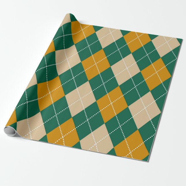 Retro Green Beige Mustard Argyle Pattern Wrapping Paper (Unrolled)