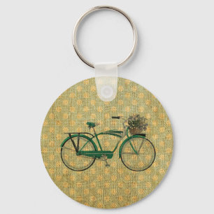 Retro Green Bike with Flower Basket Keychain