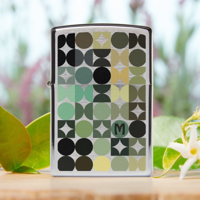 Retro Green Black White Brown Mosaic Art Pattern Zippo Lighter (On Table)