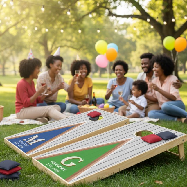Retro Green & Blue Family Monogram Cornhole Set (Personalized cornhole sets for outdoor games)