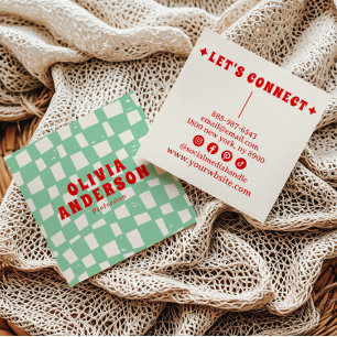 Retro Green Bold 70's Groovy Checkered Trendy Fun Square Business Card
