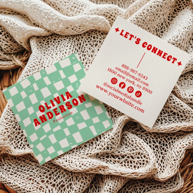 Retro Green Bold 70's Groovy Checkered Trendy Fun Square Business Card (Creator Uploaded)