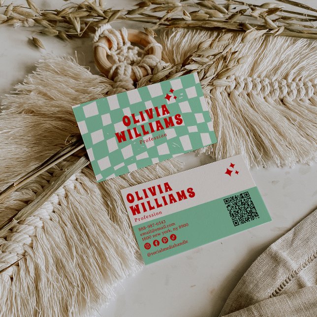 Retro Green Bold Groovy Checkered Funky QR Code Business Card (Creator Uploaded)