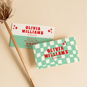 Retro Green Bold Groovy Checkered Funky trendy Business Card