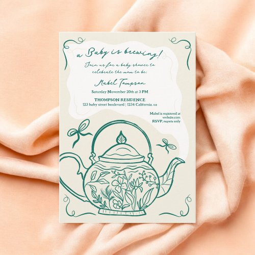 Retro green bow teapot baby is brewing Baby shower Invitation