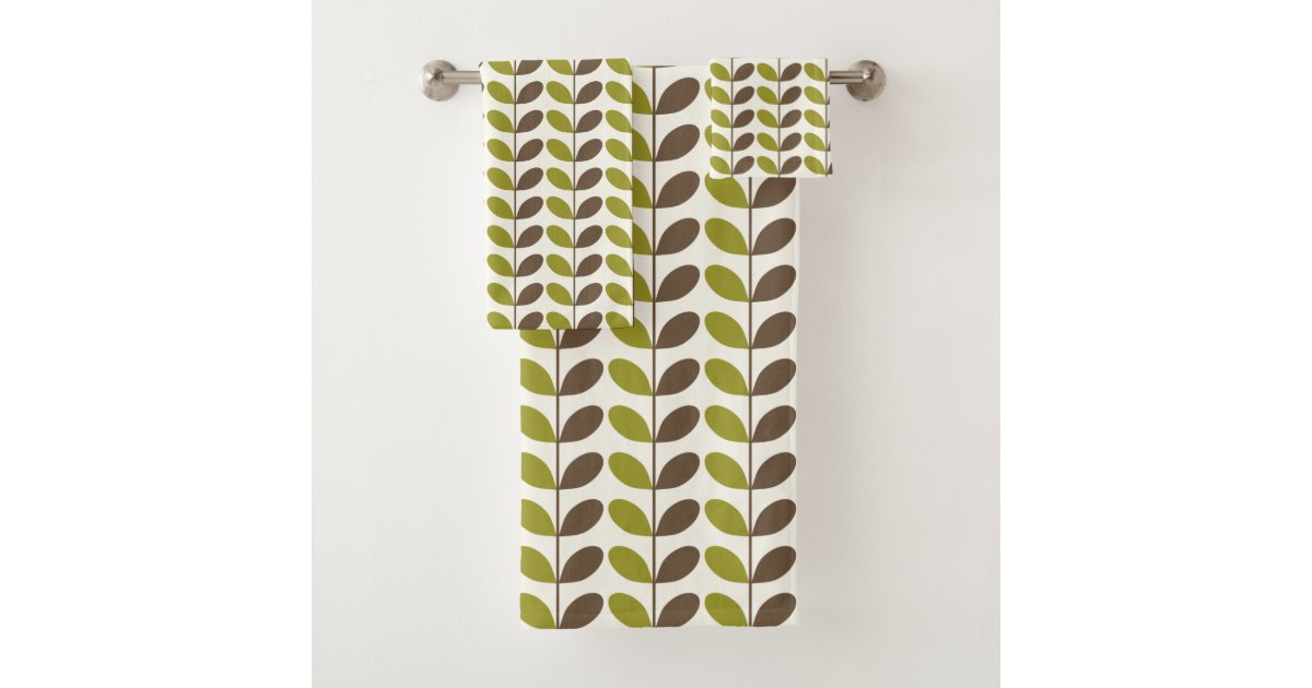 Retro Green Brown Leaf Pattern Bath Towel Set Zazzle