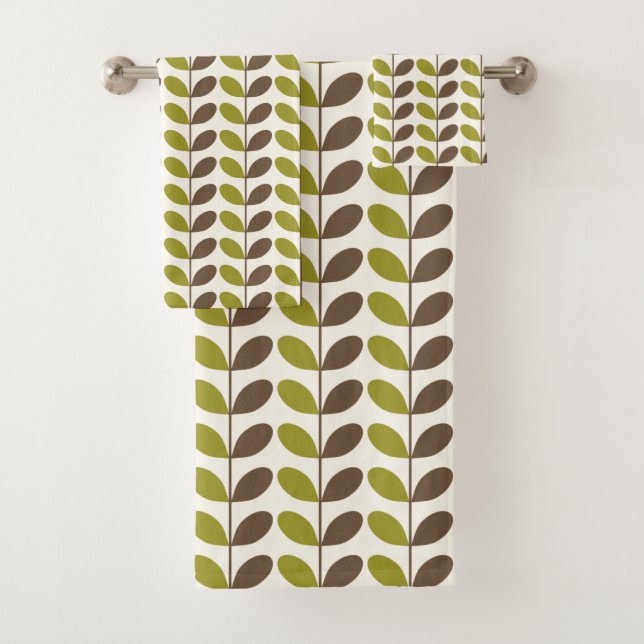 Retro Green Brown Leaf Pattern Bath Towel Set (Insitu)