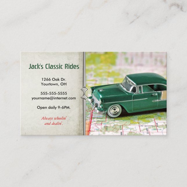 retro green car on map business card (Front)