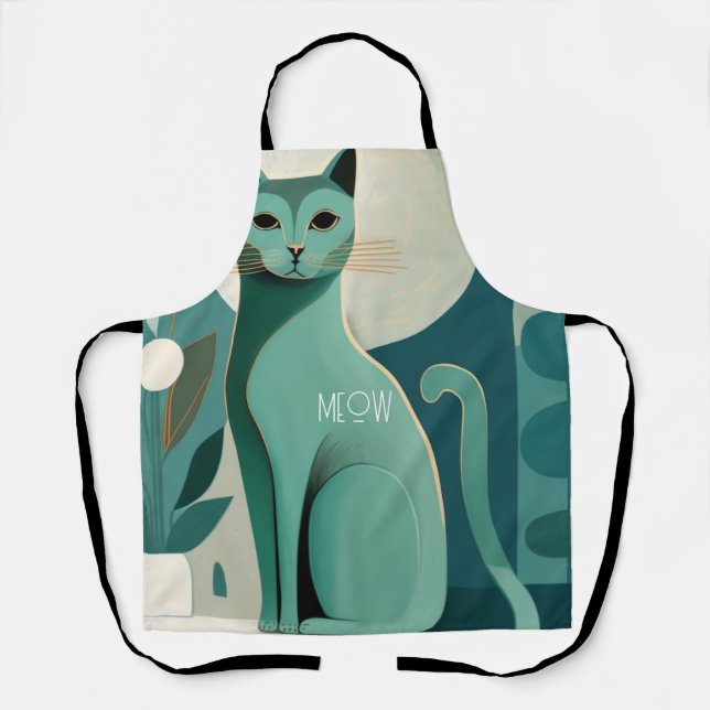Retro Green Cat Print Apron for Cat Lovers (Front)
