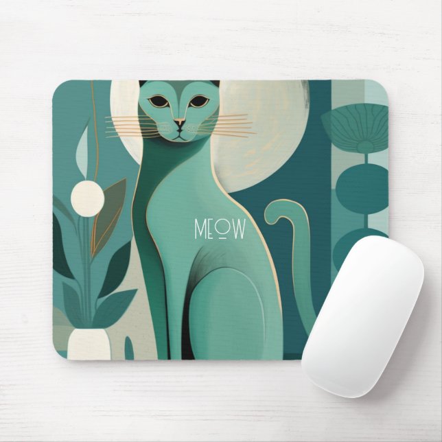Retro Green Cat Print Mousepad for Cat Lovers (With Mouse)