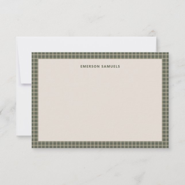 Retro green checked plaid simple framed personal note card (Front)