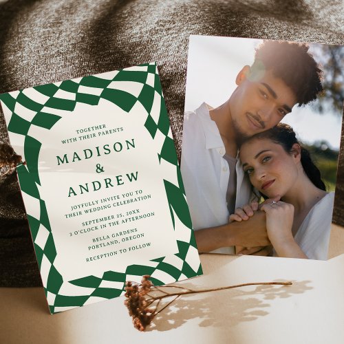 Retro Green Checkerboard Photo Wedding Invitation
