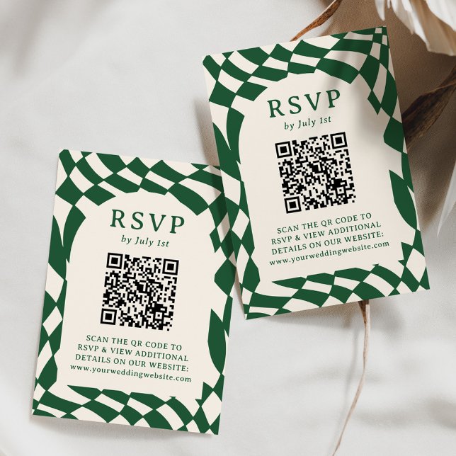 Retro Green Checkerboard QR Code Wedding RSVP Card (Creator Uploaded)