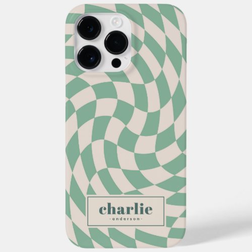 Retro green checkerboard swirl wave add name Case_Mate iPhone 14 pro max case