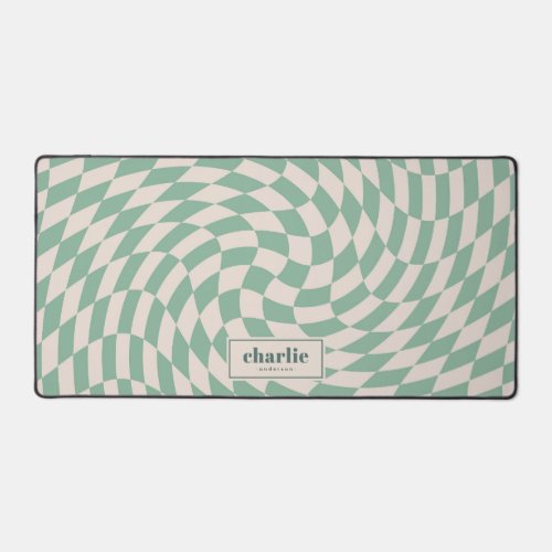 Retro green checkerboard swirl wave add name desk mat