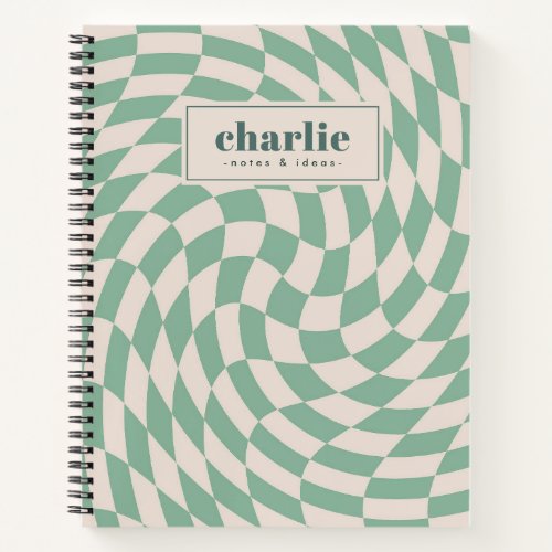 Retro green checkerboard swirl wave  notebook