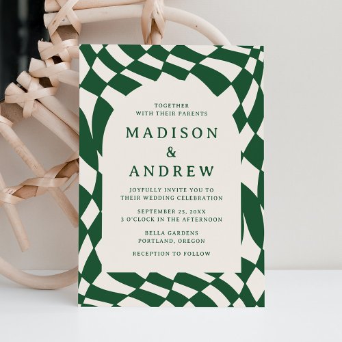 Retro Green Checkerboard Wedding Invitation