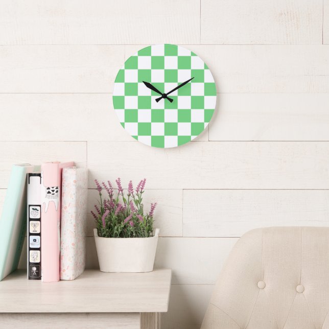 Retro Green Chessboard Checkerboard Tile Y2K  Large Clock (Reading Room)