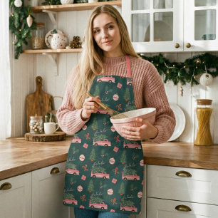 Retro Green Christmas Tree Van Holiday Kitchen Apron