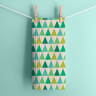 Retro Green Christmas Trees on Cream Kitchen Towel