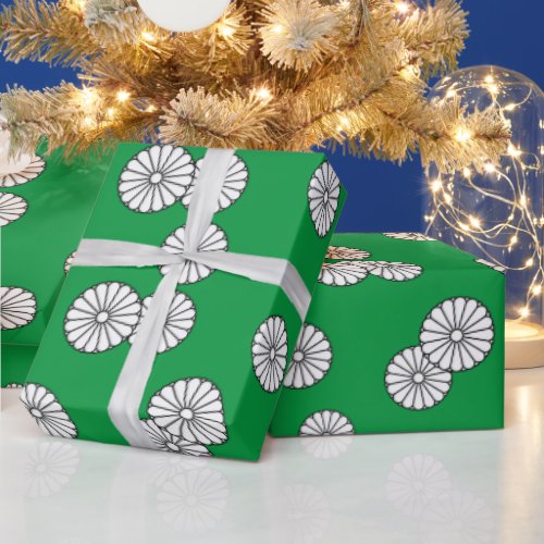 Retro Green Circular White Japanese Flower Wrapping Paper