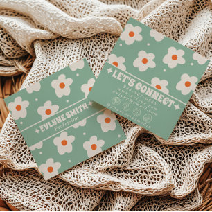 Retro Green Cream Groovy Floral Trendy Fun Boho Square Business Card