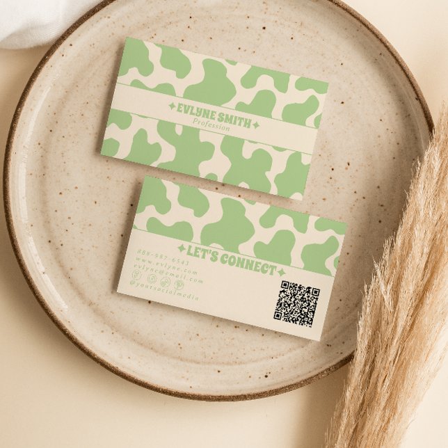 Retro Green Cream QR Code 70s Boho Groovy Trendy Business Card (Creator Uploaded)