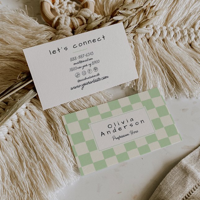 Retro Green Cream Wavy Checkered Boho Pastel Business Card (Creator Uploaded)