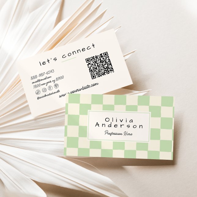 Retro Green Cream Wavy Checkered Boho QR Code Business Card (Creator Uploaded)