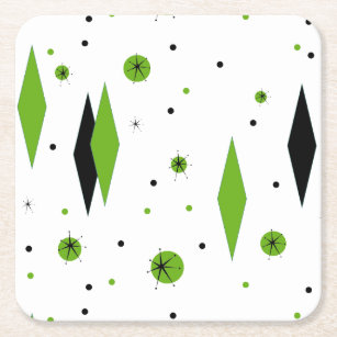Retro Green Diamond & Starburst Hard Paper Coaster