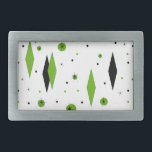 Retro Green Diamonds & Starbursts Belt Buckle<br><div class="desc">This Retro Green Diamonds and Starbursts Belt Buckle is a new take on a vintage style. It features kitschy, black starbursts on green polka dots, surrounding geometric, green and black diamond shapes. Customize the background color on this mid century modern product if you're feeling daring, or leave it white if...</div>