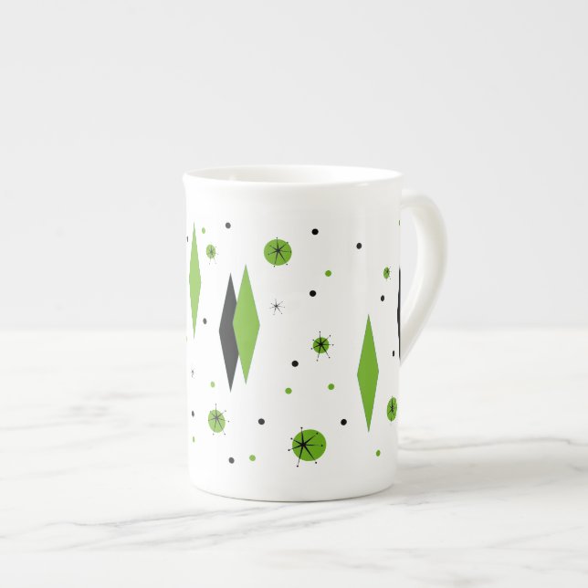 Retro Green Diamonds & Starbursts Bone China Mug (Front Right)