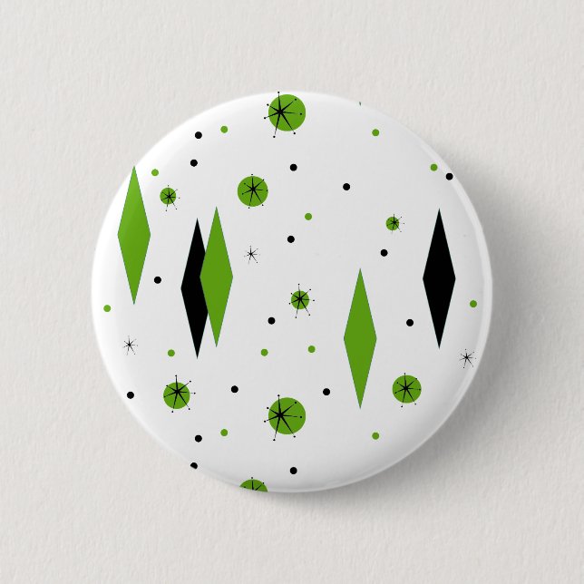 Retro Green Diamonds & Starbursts Button (Front)